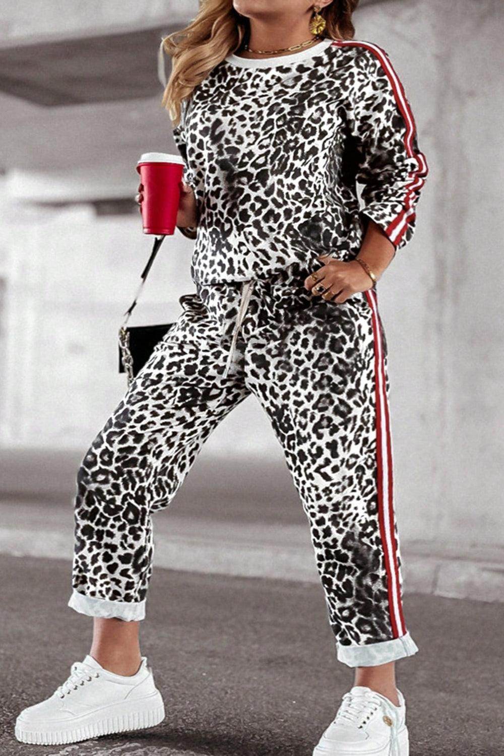 Plus Size Leopard Round Neck Top and Pants Set for Women-6