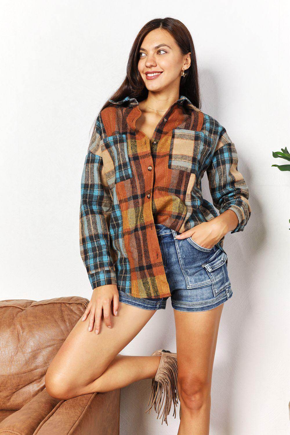 Double Take Plaid Curved Hem Shirt Jacket with Breast Pockets-4