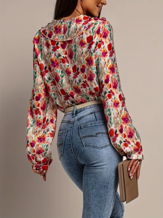 Floral Print Ruffle V-Neck Long Sleeve Blouse-1
