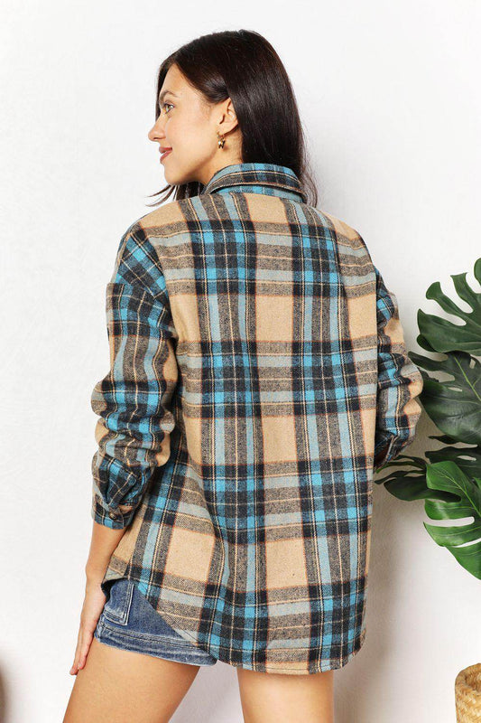 Double Take Plaid Curved Hem Shirt Jacket with Breast Pockets-1