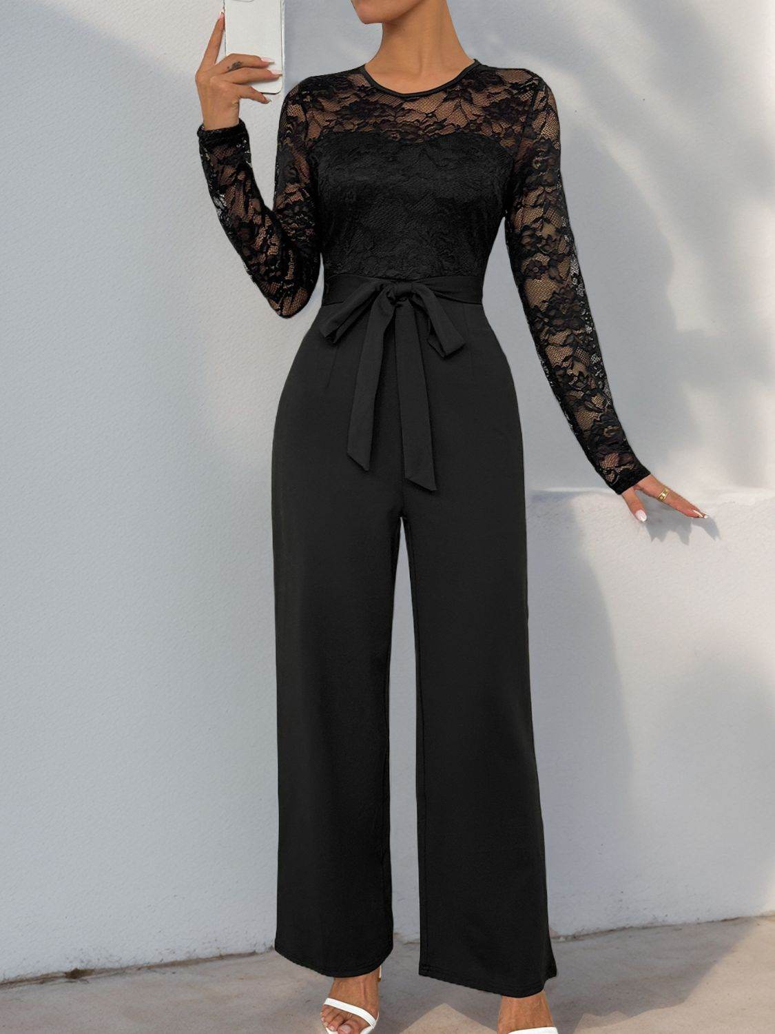 Perfee Lace Round Neck Long Sleeve Jumpsuit-4