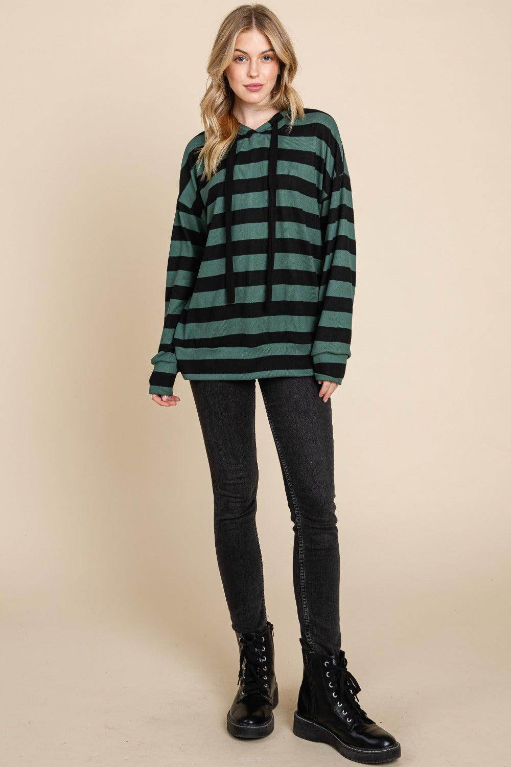 BOMBOM Drawstring Striped Dropped Shoulder Hoodie for Women-4