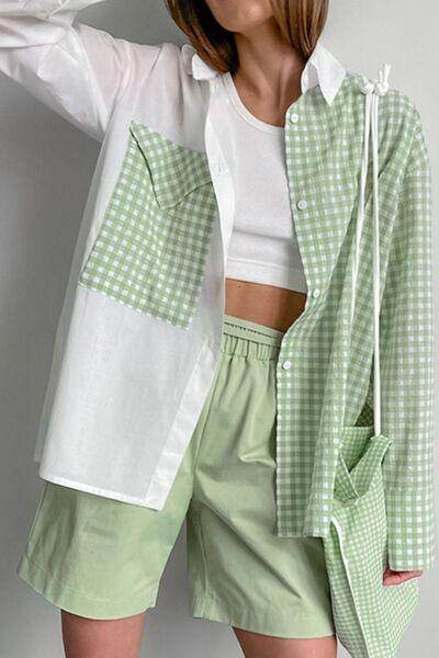 Two-Tone Plaid Button Down Long Sleeve Shirt for Women-4