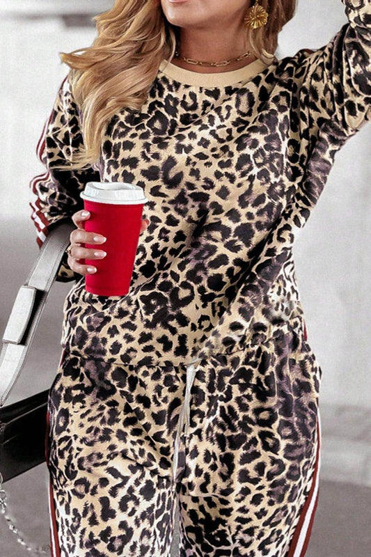 Plus Size Leopard Round Neck Top and Pants Set for Women-1