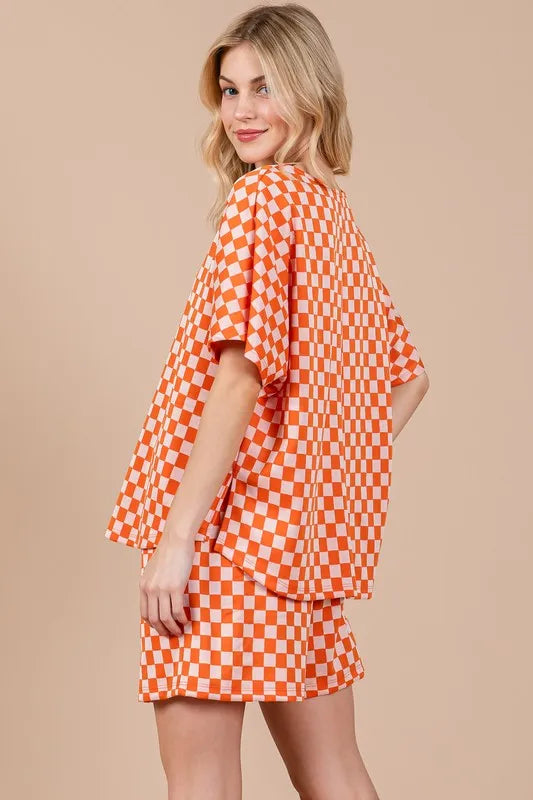 Ces Femme Checkered Round Neck Top and Shorts Set-2