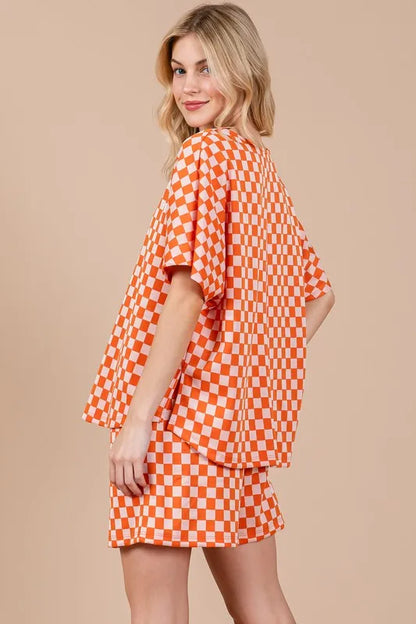 Ces Femme Checkered Round Neck Top and Shorts Set-2