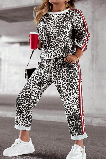 Plus Size Leopard Round Neck Top and Pants Set for Women-6