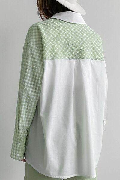 Two-Tone Plaid Button Down Long Sleeve Shirt for Women-3