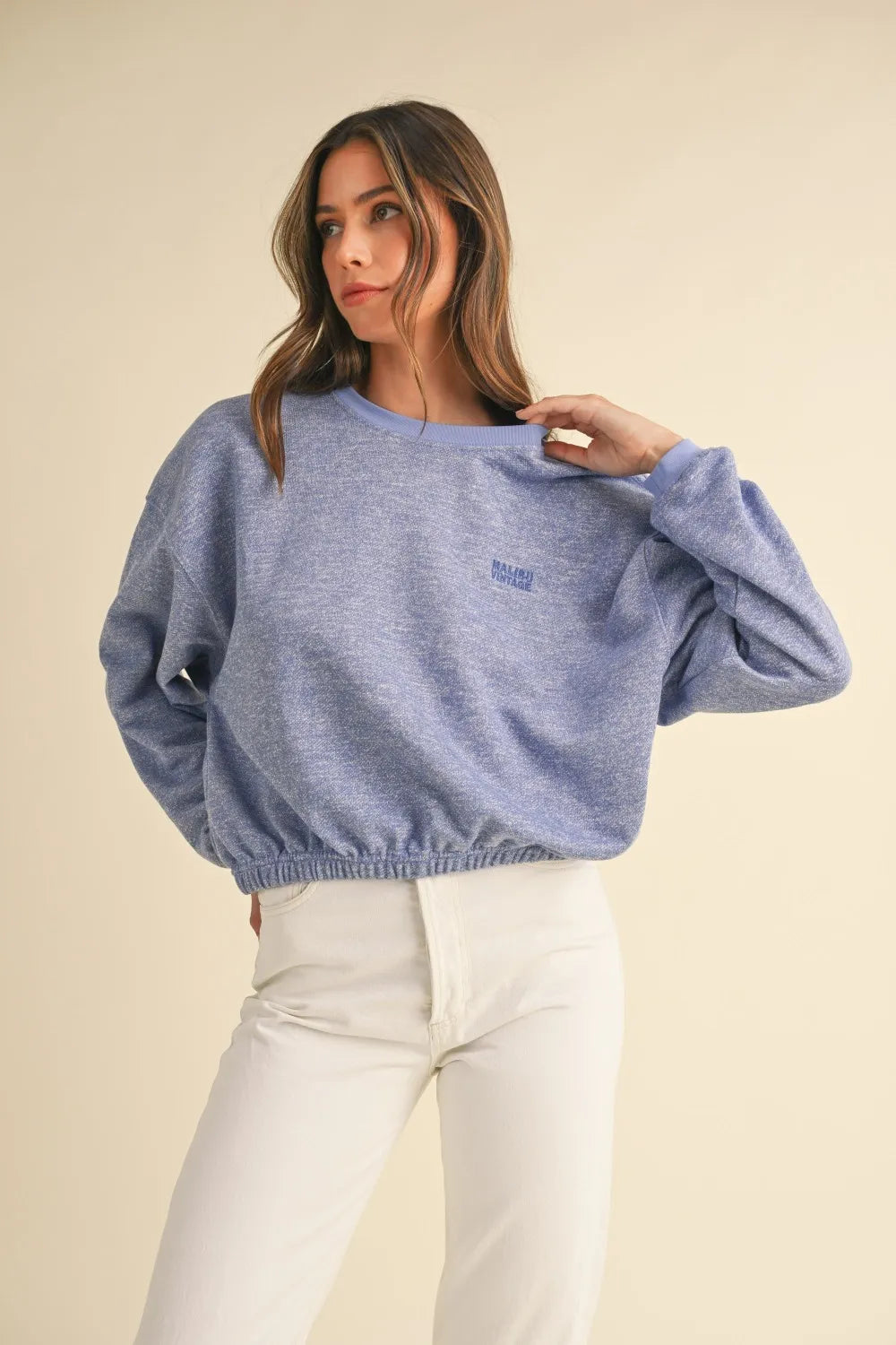 Mable Round Neck Letter Embroidery Crop Sweatshirt-0