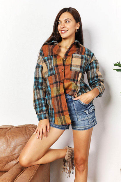 Double Take Plaid Curved Hem Shirt Jacket with Breast Pockets-4