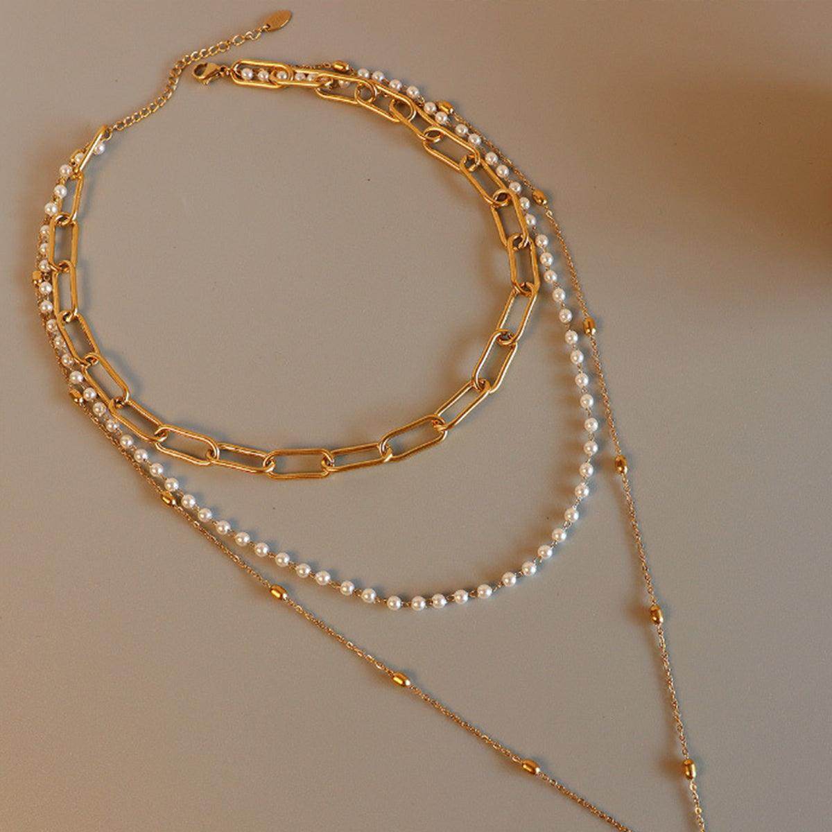 Synthetic Pearl Titanium Steel Three-Layered Necklace for Women-2