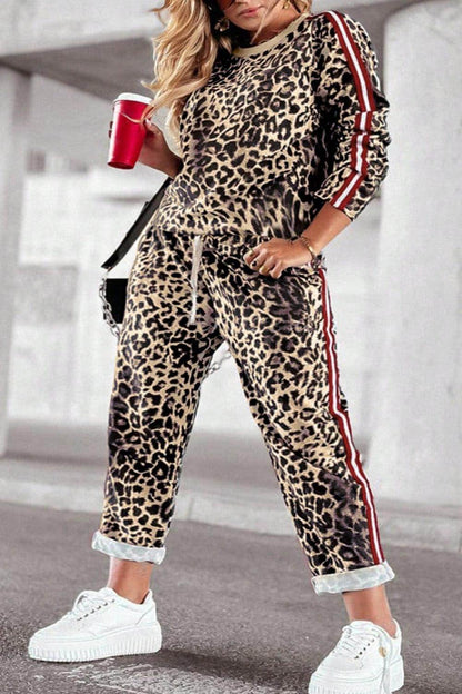 Plus Size Leopard Round Neck Top and Pants Set for Women-0