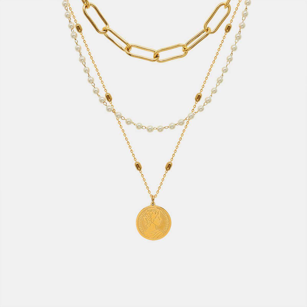 Synthetic Pearl Titanium Steel Three-Layered Necklace for Women-0
