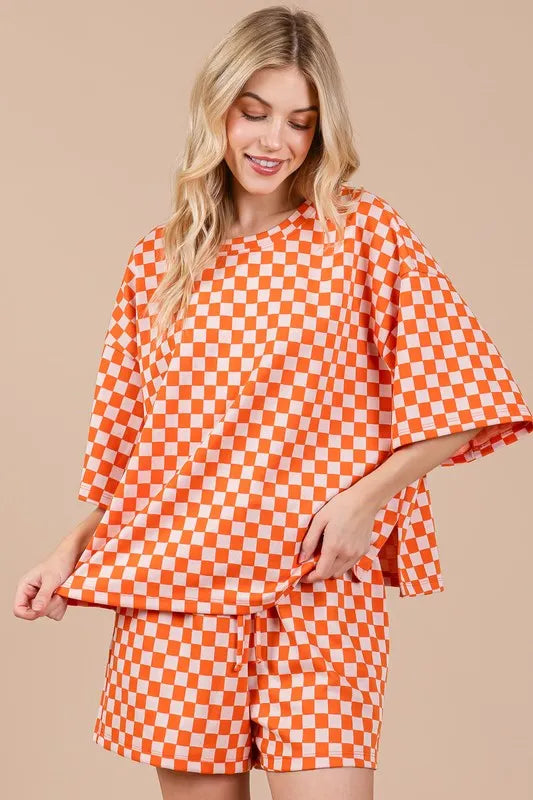 Ces Femme Checkered Round Neck Top and Shorts Set-1