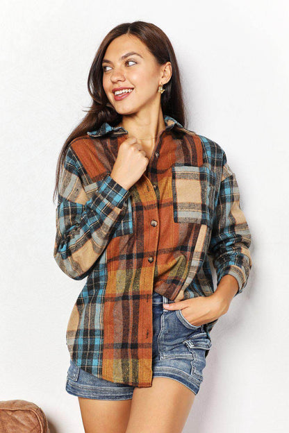 Double Take Plaid Curved Hem Shirt Jacket with Breast Pockets-0