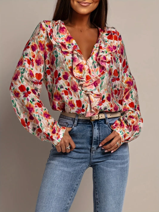 Floral Print Ruffle V-Neck Long Sleeve Blouse-0