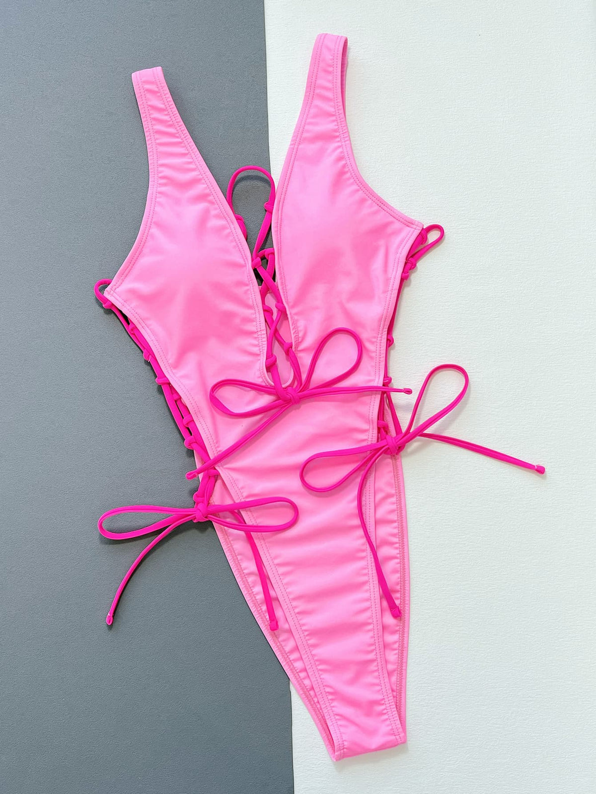 Lace-Up Deep V Sleeveless One-Piece Swimsuit-2