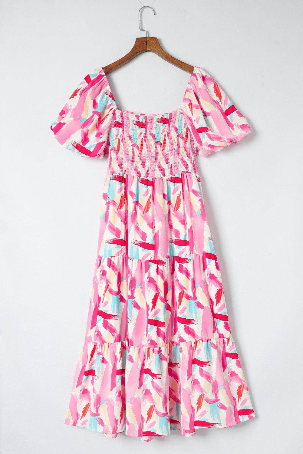Chic Printed Square Neck Tied Smocked Dress for Women-0