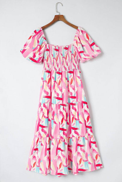 Chic Printed Square Neck Tied Smocked Dress for Women-0