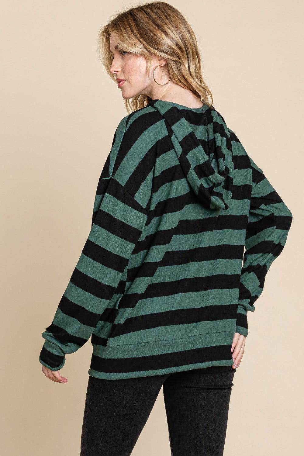 BOMBOM Drawstring Striped Dropped Shoulder Hoodie for Women-1