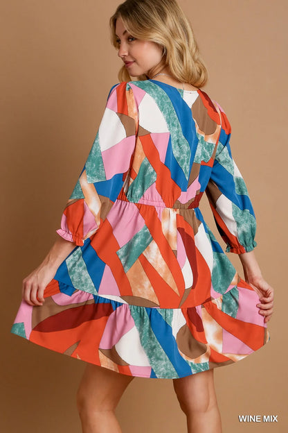 Umgee Abstract V-Neck Tiered Printed Dress-2