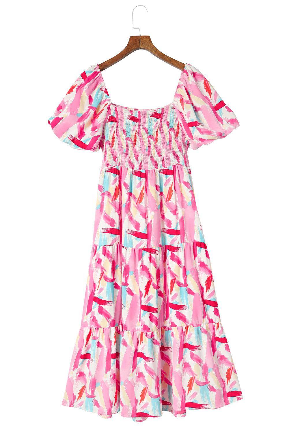 Chic Printed Square Neck Tied Smocked Dress for Women-2