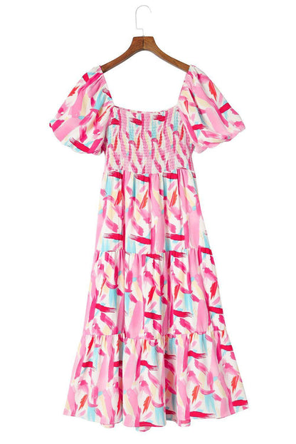 Chic Printed Square Neck Tied Smocked Dress for Women-2