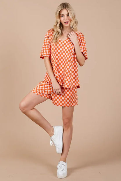 Ces Femme Checkered Round Neck Top and Shorts Set-4