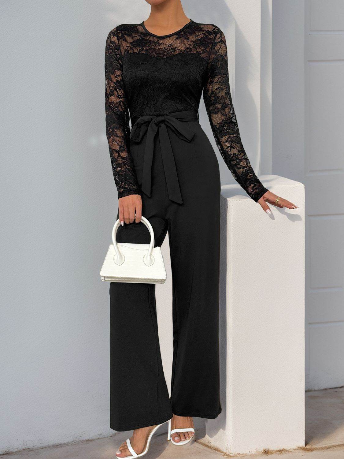 Perfee Lace Round Neck Long Sleeve Jumpsuit-0