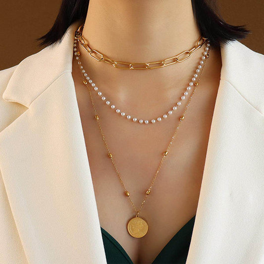 Synthetic Pearl Titanium Steel Three-Layered Necklace for Women-1
