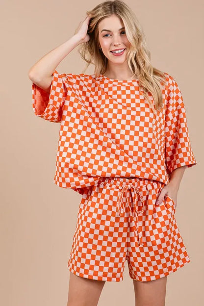 Ces Femme Checkered Round Neck Top and Shorts Set-0