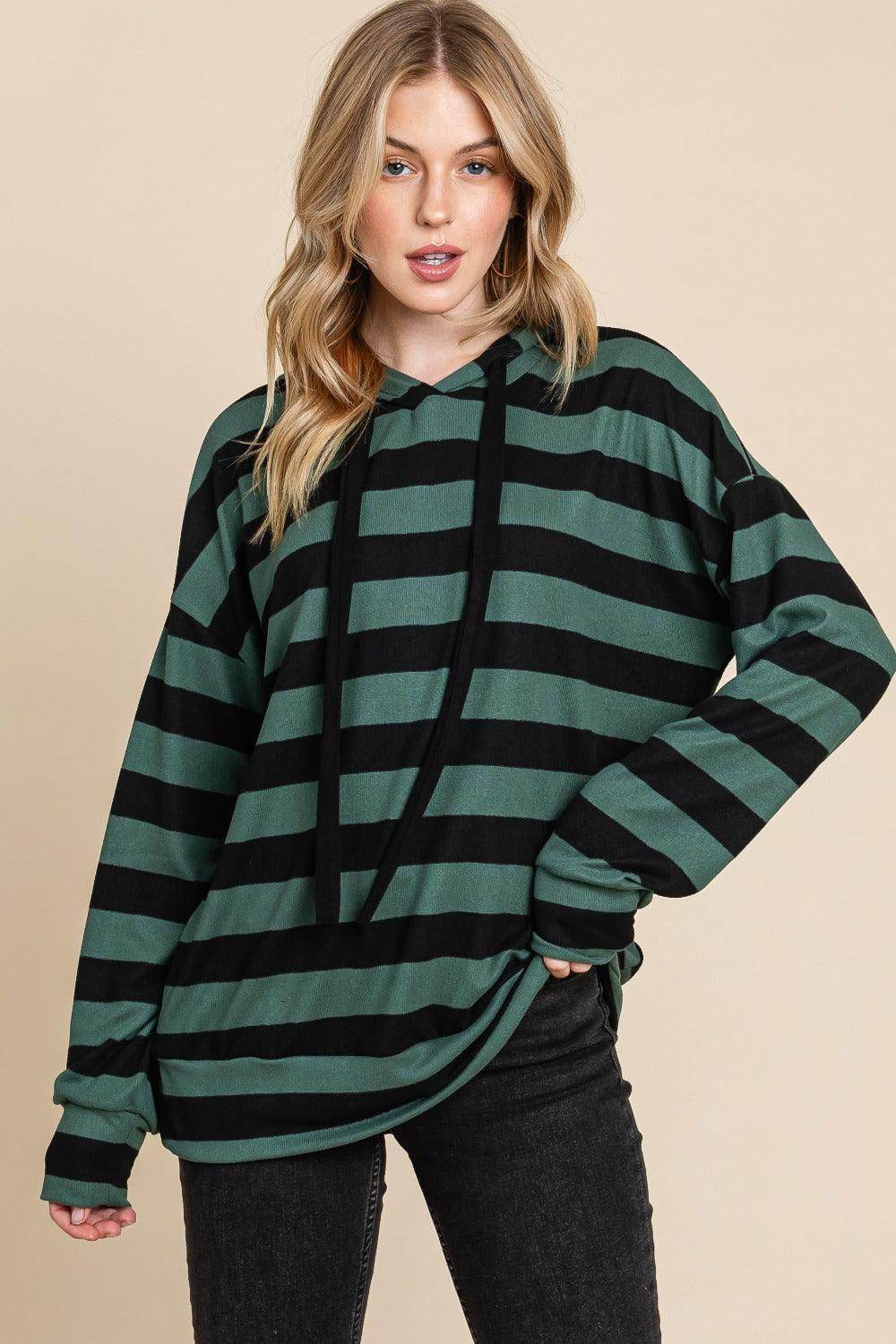 BOMBOM Drawstring Striped Dropped Shoulder Hoodie for Women-0