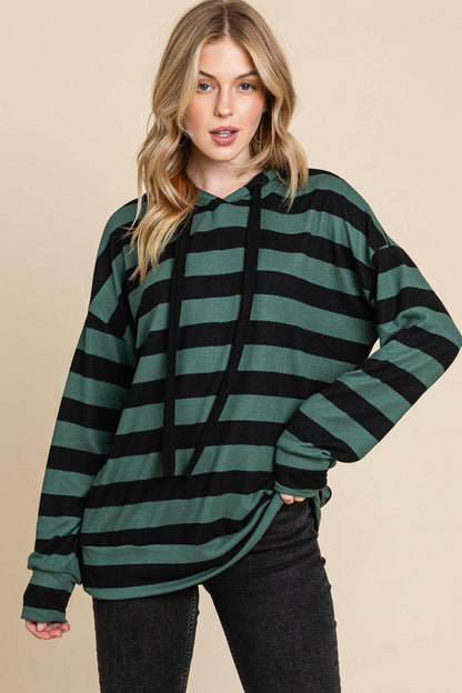 BOMBOM Drawstring Striped Dropped Shoulder Hoodie for Women-0