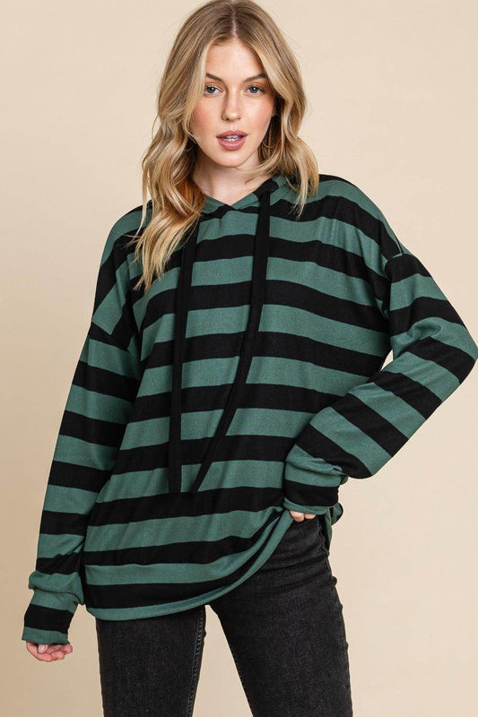 BOMBOM Drawstring Striped Dropped Shoulder Hoodie for Women-0