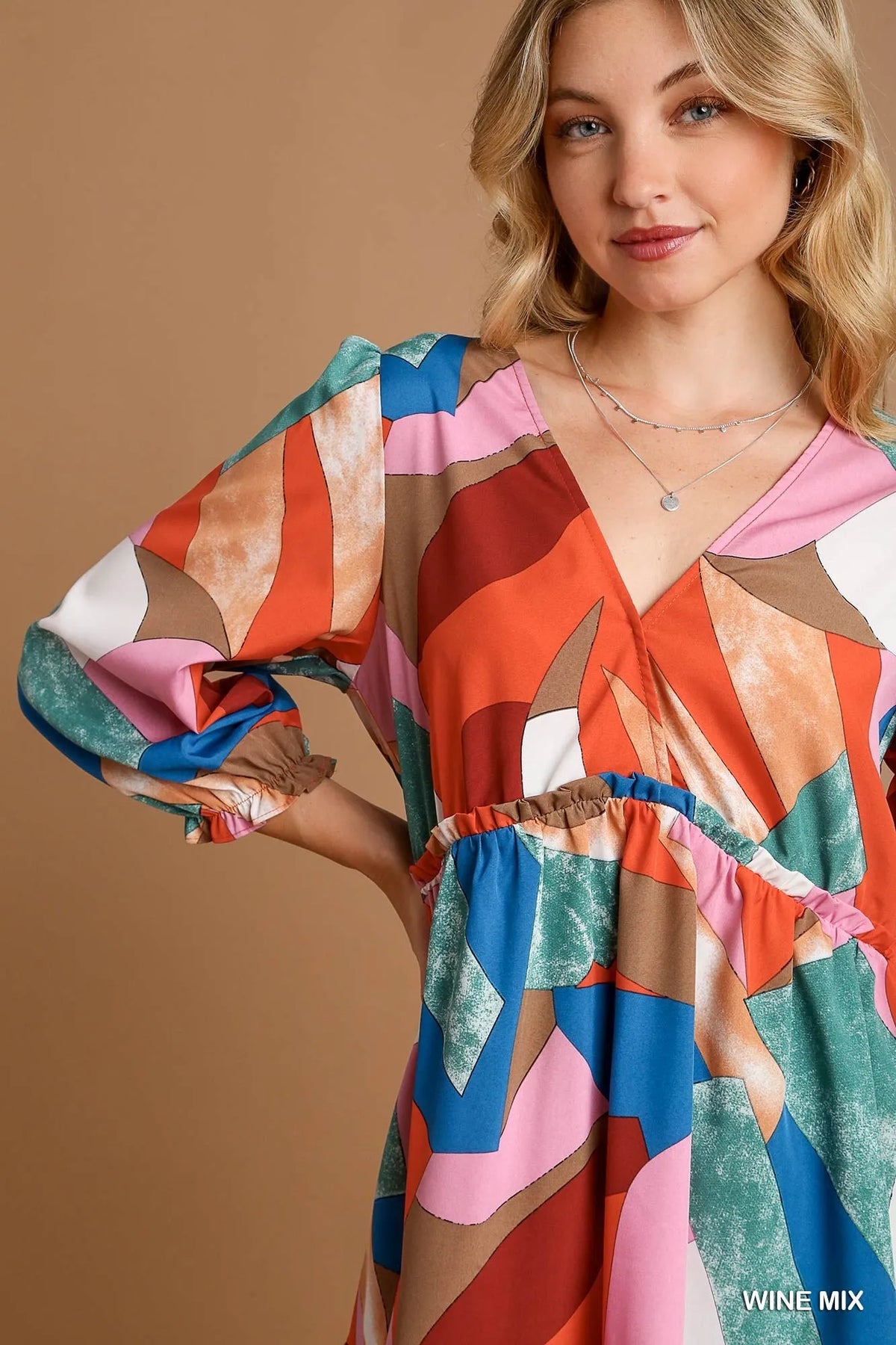 Umgee Abstract V-Neck Tiered Printed Dress-4