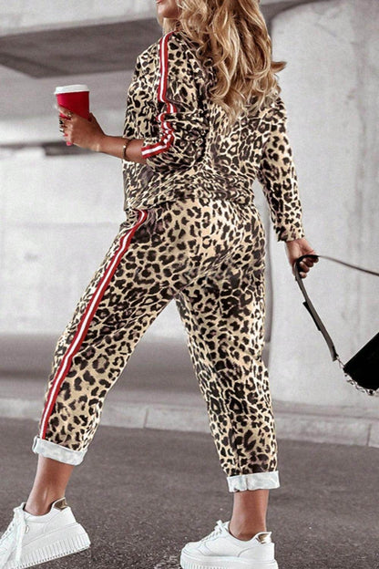 Plus Size Leopard Round Neck Top and Pants Set for Women-3