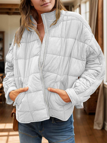 Pocketed Plaid Quilted Zip Up Winter Coat for Women-6