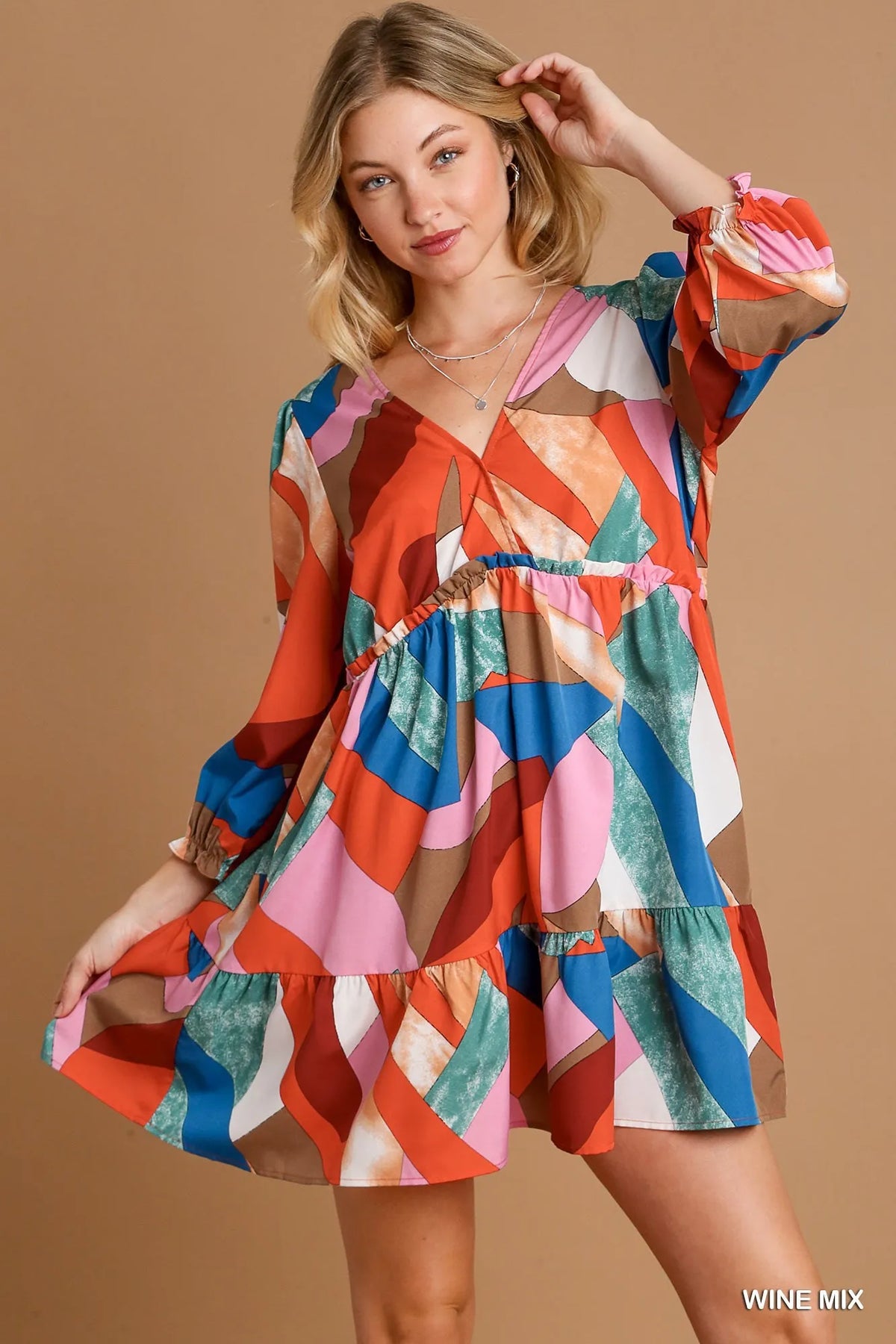 Umgee Abstract V-Neck Tiered Printed Dress-0