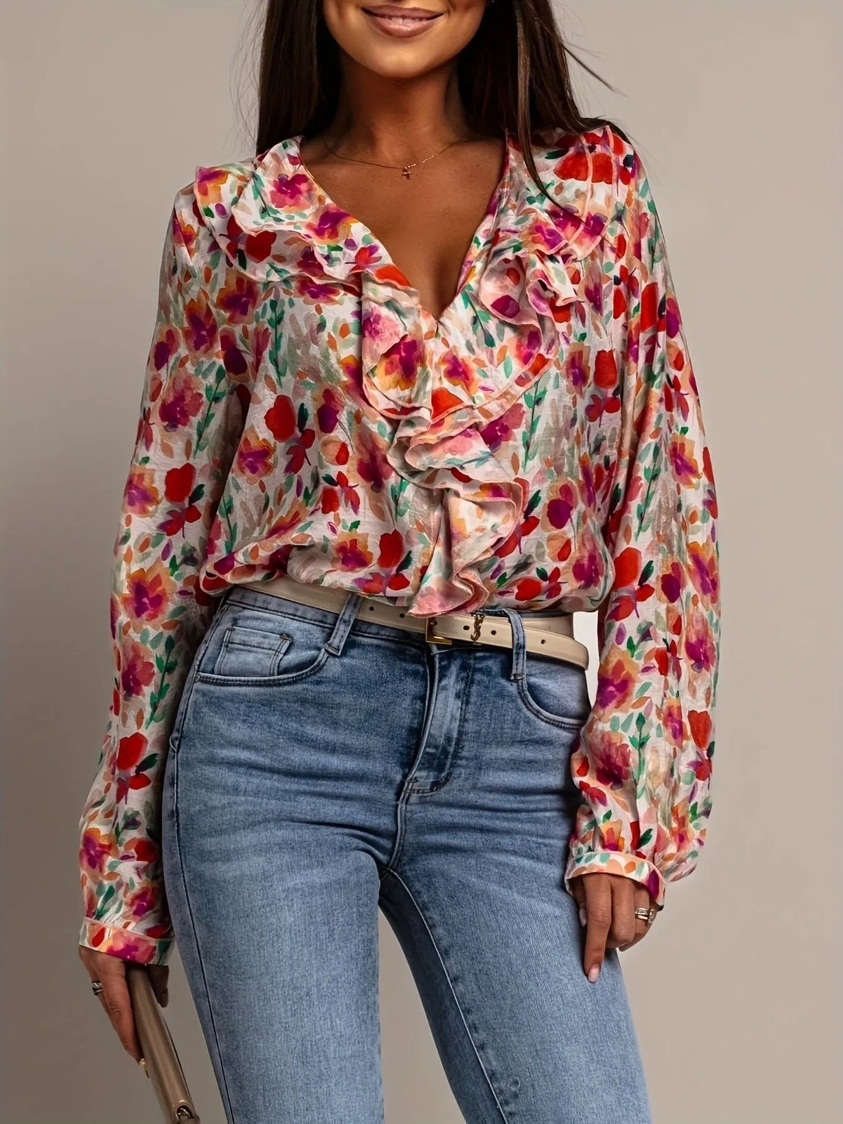 Floral Print Ruffle V-Neck Long Sleeve Blouse-2