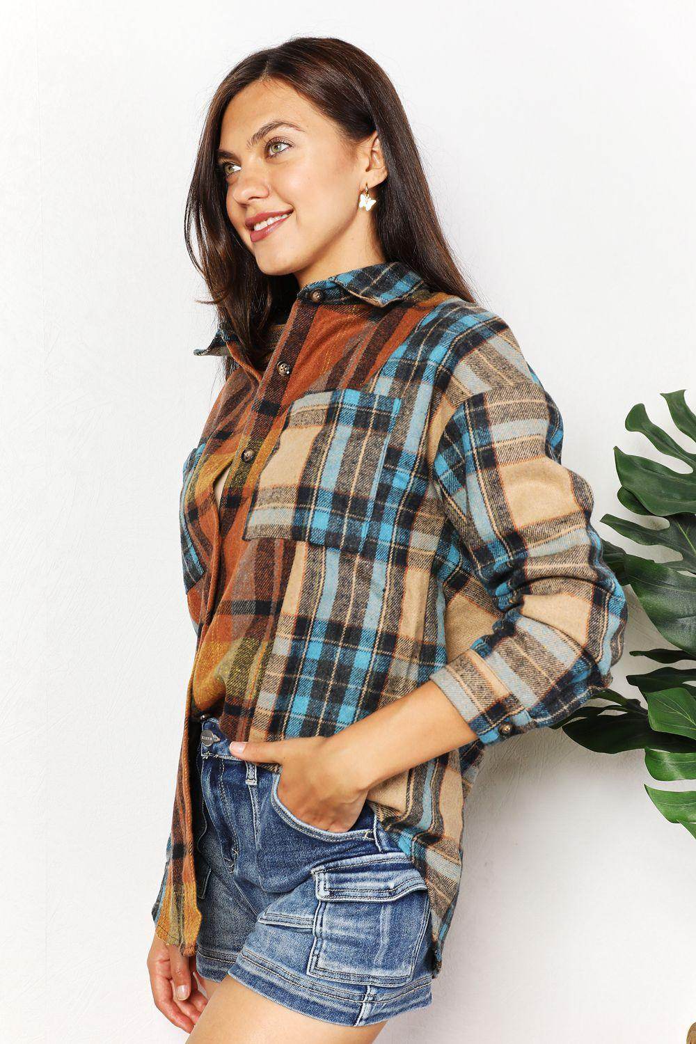 Double Take Plaid Curved Hem Shirt Jacket with Breast Pockets-3