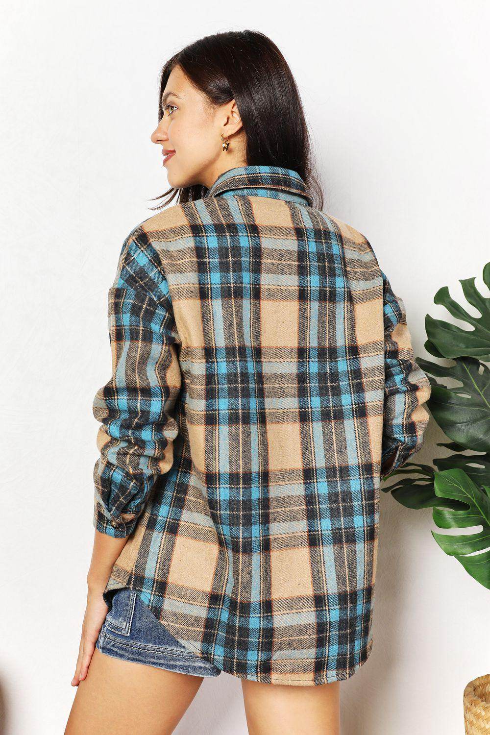 Double Take Plaid Curved Hem Shirt Jacket with Breast Pockets-1