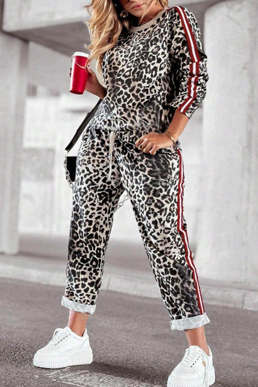 Plus Size Leopard Round Neck Top and Pants Set for Women-5