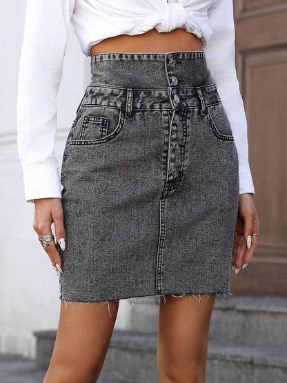 Raw Hem High Waist Denim Skirt for Trendy Casual Style-0
