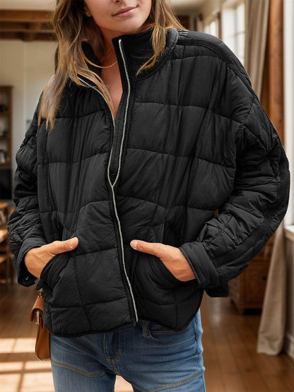 Pocketed Plaid Quilted Zip Up Winter Coat for Women-5