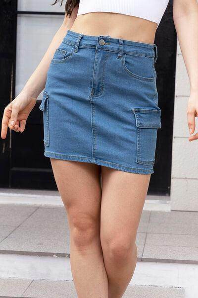 High Waist Pocketed Denim Skirt for Casual Style