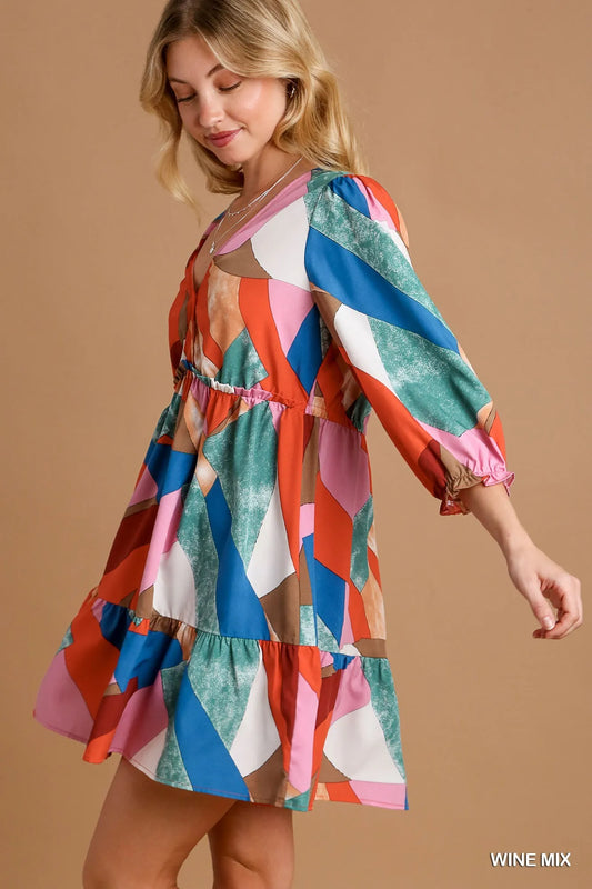 Umgee Abstract V-Neck Tiered Printed Dress-1