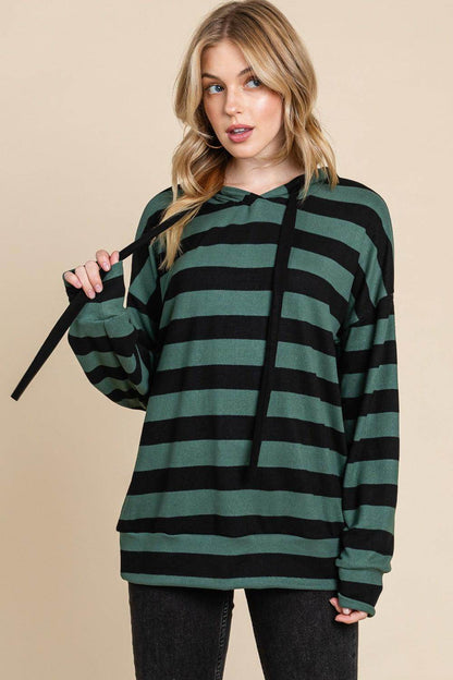 BOMBOM Drawstring Striped Dropped Shoulder Hoodie for Women-3