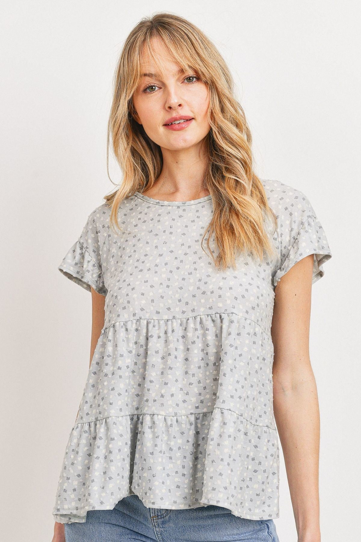 Dot Textured Print Jersey Ruffled Short Sleeve Top-0