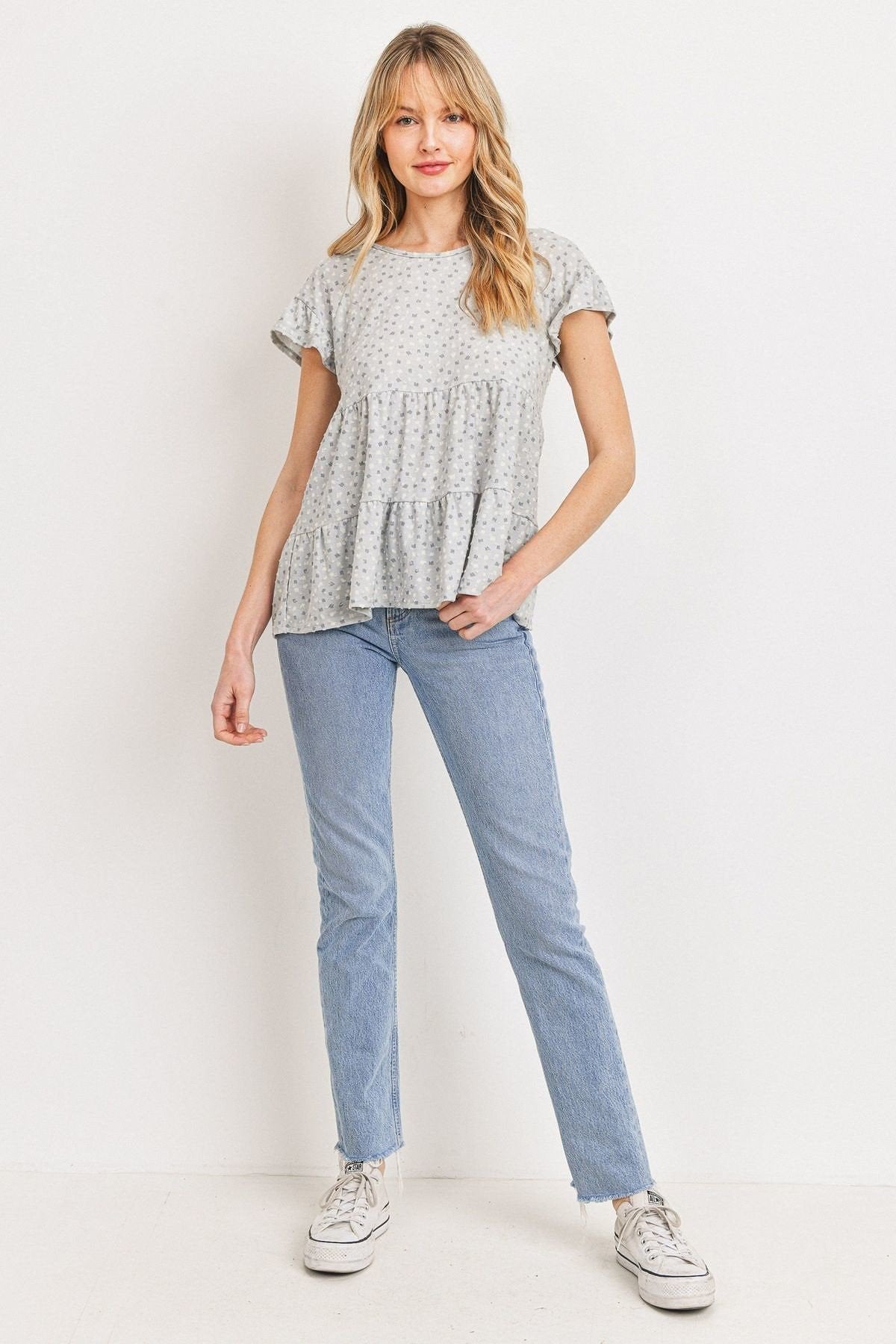 Dot Textured Print Jersey Ruffled Short Sleeve Top-1