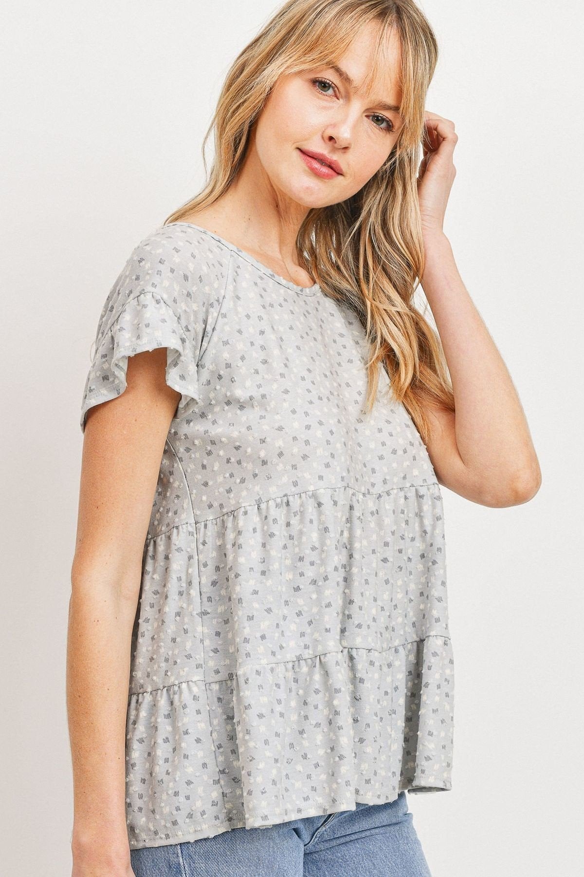 Dot Textured Print Jersey Ruffled Short Sleeve Top-2